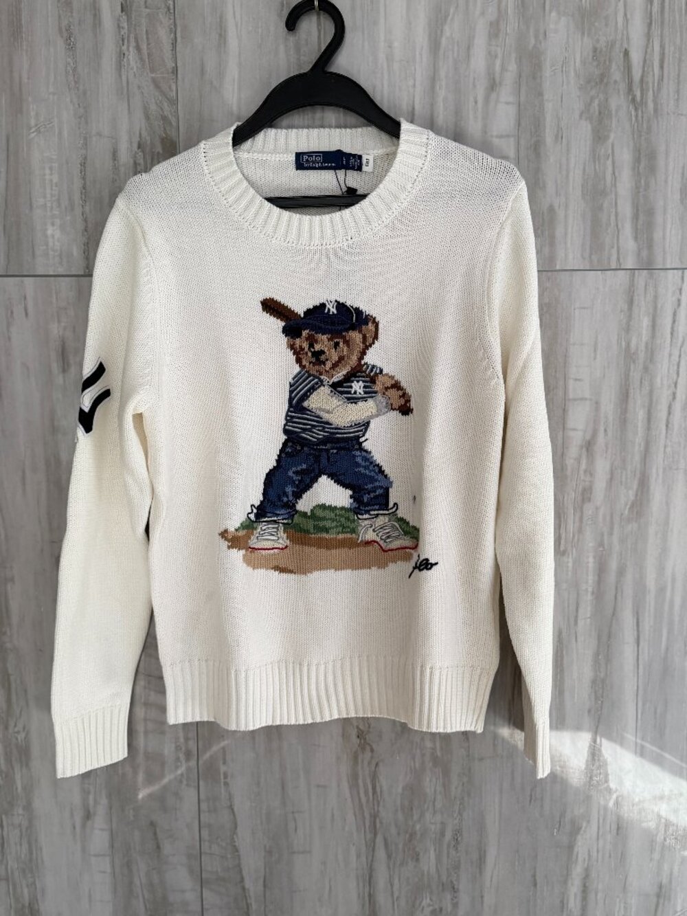🧸Polo Ralph Lauren Yankees Baseball Bear White Knit Sweater